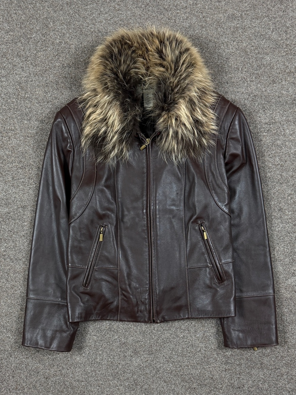 Vintage Brown Genuine Leather Jacket Women’s XL Raccoon Fur Removable Collar Y2K
